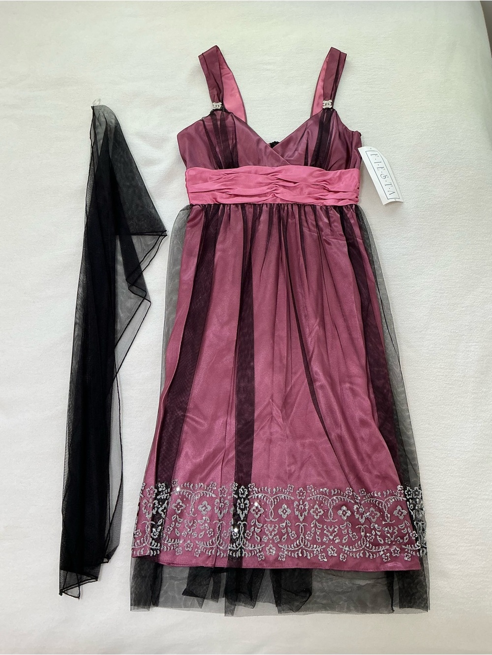 Fiesta Pink and Black Tulle Overlay Floral Hem Girls' Dress with Scarf/Shawl
